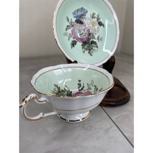 Paragon Double Warrant Teacup & Saucer Chrysanthemum Mums Mint Green A1591 - Picture 4 of 13